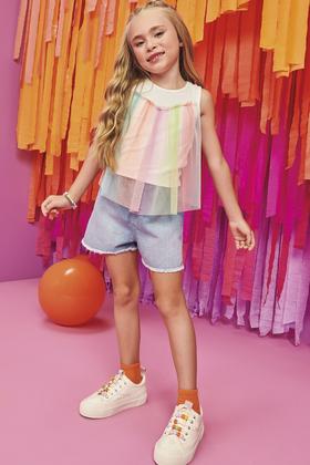 Imagem de Conjunto Infantil Blusa Boxy em Canelado e Tule Coloridos Neon e Shorts em Jeans Arkansas - Infanti