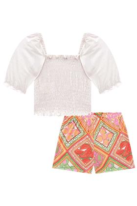 Imagem de Conjunto Infantil Blusa Boxy em Cotton Linho Laranja Crochê e Short em Malha Fresh Fruit Alecrim by Kukiê