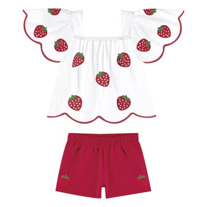 Imagem de Conjunto Infantil Blusa Cropped Branca Moranguinhos e Short Vermelho Nanai