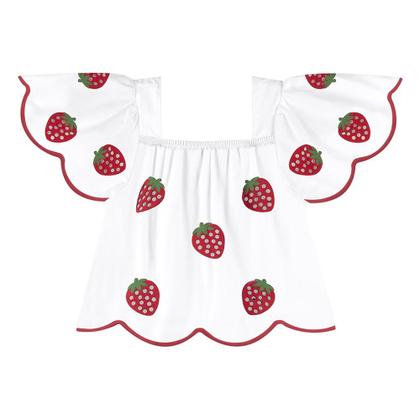 Imagem de Conjunto Infantil Blusa Cropped Branca Moranguinhos e Short Vermelho Nanai