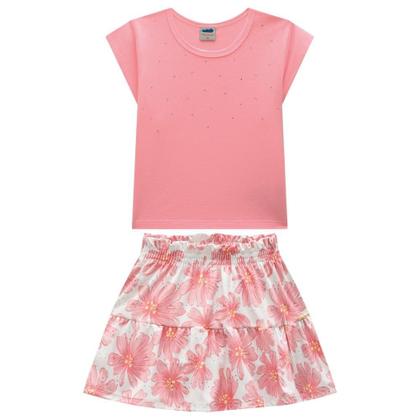 Imagem de Conjunto infantil blusa saia-shorts flores rosa marlan