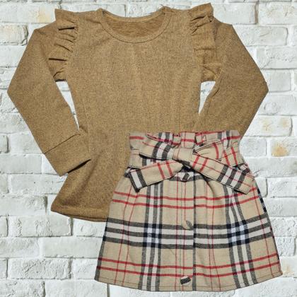 Imagem de Conjunto Infantil Blusinha Saia Xadrez Moda Menina Outono Inverno São João Festa Junina