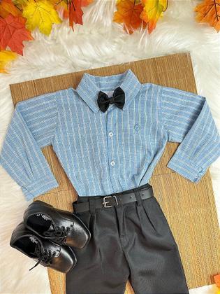 Imagem de Conjunto Infantil Camisa Listrada Azul e Calça Preta com Cinto e Gravatinha