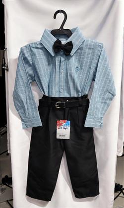 Imagem de Conjunto Infantil Camisa Listrada Azul e Calça Preta com Cinto e Gravatinha