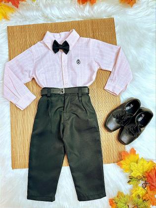 Imagem de Conjunto Infantil Camisa Listrada Salmão e Calça Preta com Cinto e Gravatinha