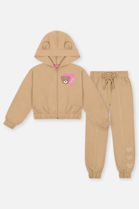 Imagem de Conjunto Infantil Cinti Inverno com Calça e Jaqueta Bege Ursinho Coração