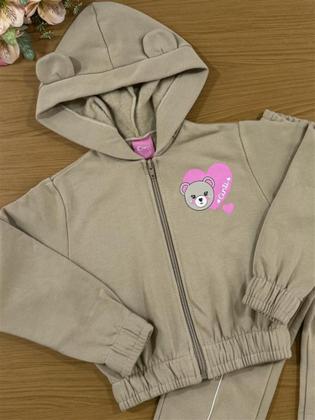 Imagem de Conjunto Infantil Cinti Inverno com Calça e Jaqueta Bege Ursinho Coração