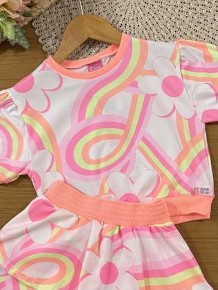 Imagem de Conjunto Infantil Cinti Verão com Shorts e Blusa Branca Arco-íris Floral