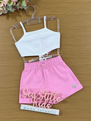 Imagem de Conjunto Infantil Cinti Verão Shorts Rosa e Regata com Miçangas