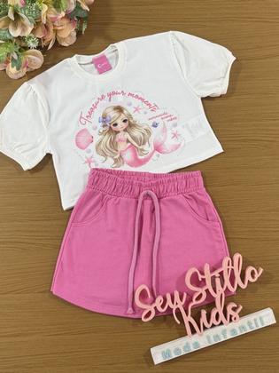 Imagem de Conjunto Infantil Cinti Verão Shorts Saia Rosa e Blusa Sereia