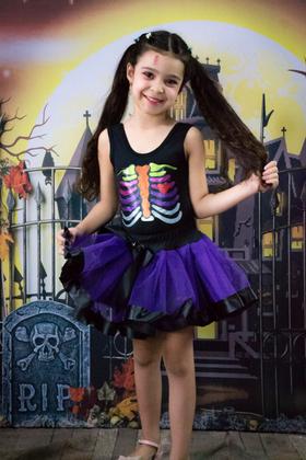 Imagem de Conjunto Infantil Fantasia Body e Saia de Tule Halloween Dia das Bruxas Esqueleto Colorido