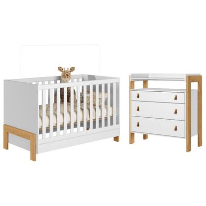 Imagem de Conjunto Infantil Fantasia Branco Acetinado: Berço Fantasia Mini Cama + Cômoda Fantasia + Guarda-Roupa Fantasia