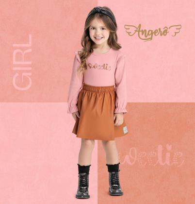 Imagem de Conjunto Infantil Feminino Blusa Manga Longa Punho Point e Saia-Short em Couro Angerô