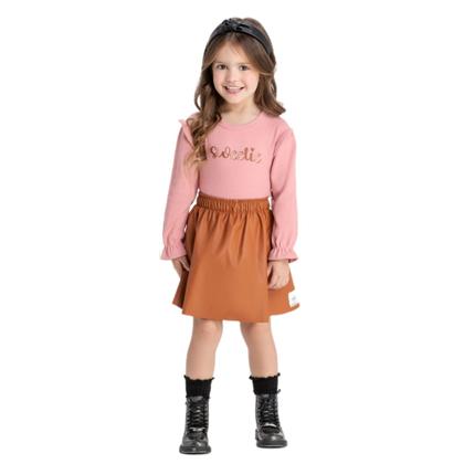 Imagem de Conjunto Infantil Feminino Blusa Manga Longa Punho Point e Saia-Short em Couro Angerô