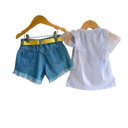 Imagem de Conjunto Infantil Jeans Infantil Meninas-Short+Cinto+Blusinha Manga Tule- Festas-Natal-Ano Novo- Manu -