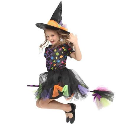 Imagem de Conjunto Infantil Juvenil Fantasia Halloween Bruxa Bolinhas Coloridas (Não Acompanha Vassoura, Mas Acompanha Chapéu)