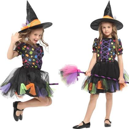 Imagem de Conjunto Infantil Juvenil Fantasia Halloween Bruxa Bolinhas Coloridas (Não Acompanha Vassoura, Mas Acompanha Chapéu)