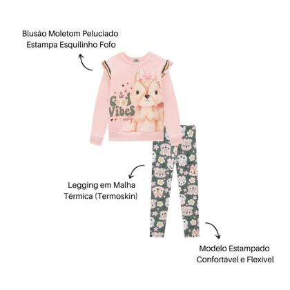 Imagem de Conjunto Infantil Kukiê Blusão Feminino Good Vibes Com Calça Legging Térmica Moda Inverno