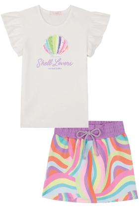 Imagem de Conjunto Infantil Kukiê Verão com Shorts Saia Colorido e Blusa Branca Concha