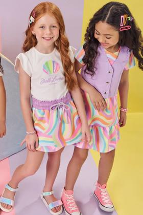 Imagem de Conjunto Infantil Kukiê Verão com Shorts Saia Colorido e Blusa Branca Concha