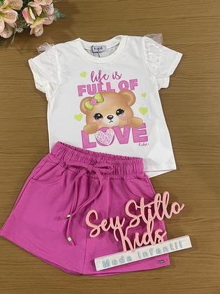 Imagem de Conjunto Infantil Kukie Verão Com Shorts Saia Rosa e Blusa Ursinha