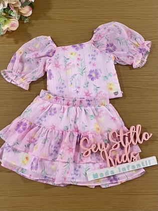 Imagem de Conjunto Infantil Kukie Verão Saia e Blusa Chiffon Rosa Floral