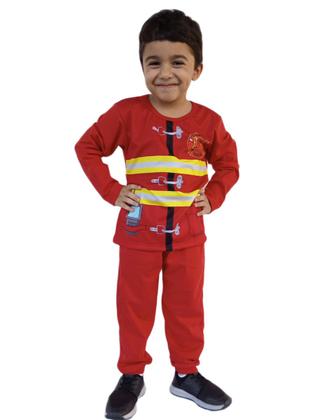 Imagem de Conjunto Infantil Manga Longa Pijama Fantasia Bombeiro Camiseta e Calça