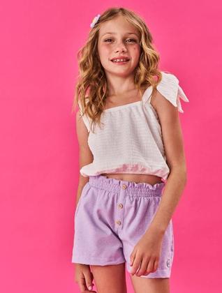 Imagem de Conjunto Infantil Menina Blusa Cropped Com Laço E Short Natural E Rosa Cinti