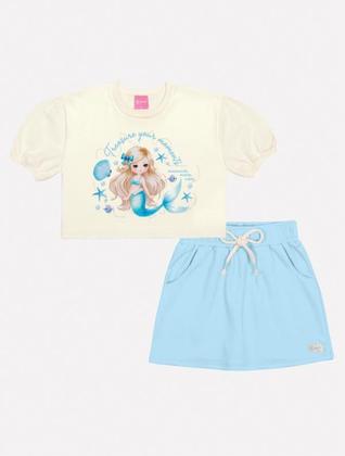Imagem de Conjunto Infantil Menina Blusa Sereia E Short-Saia Natural E Azul Mundo Cinti