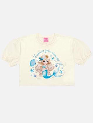 Imagem de Conjunto Infantil Menina Blusa Sereia E Short-Saia Natural E Azul Mundo Cinti