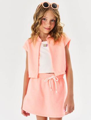 Imagem de Conjunto Infantil Menina Blusa, Short-Saia E Colete Natural E Rosa Cinti