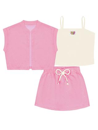 Imagem de Conjunto Infantil Menina Blusa, Short-Saia E Colete Natural E Rosa Cinti