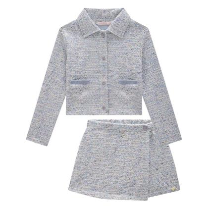 Imagem de Conjunto Infantil Menina Casaqueto e Shorts Saia em Malha Tweed Brilho Azul- Kukiê