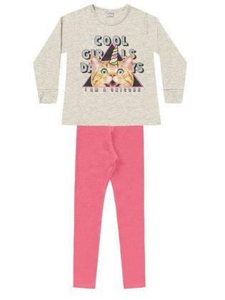 Imagem de Conjunto Infantil Menina em Casaco Moletom peluciado e Legging Cotton Gato Unicórnio 2 peças Tam 4 a 14 - Fakini Forfun