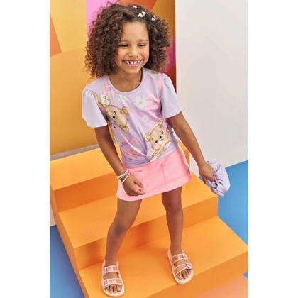 Imagem de Conjunto Infantil Menina Infanti Blusa Ursinho e Short Saia Canelado