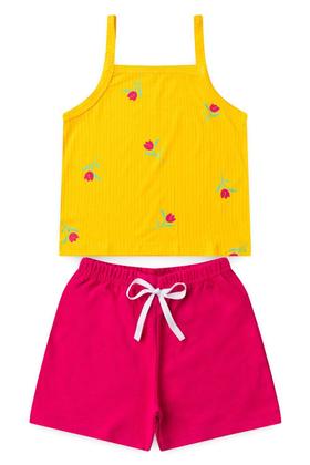 Imagem de Conjunto Infantil Menina Roupa Verão Blusa Cropped Canelada de Alcinha Floral com Shorts Moletinho Liso