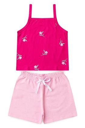 Imagem de Conjunto Infantil Menina Roupa Verão Blusa Cropped Canelada de Alcinha Floral com Shorts Moletinho Liso