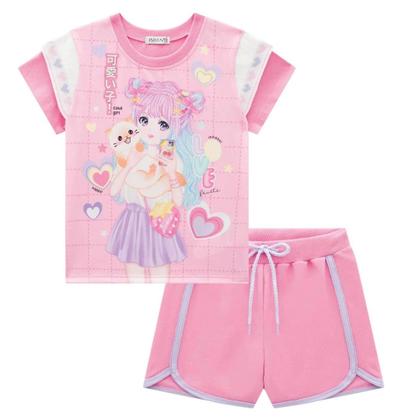 Imagem de Conjunto Infantil Menina Verão em Meia Malha com Shorts em Moletom sem Pelúcia Tam 4 a 14 - Infanti