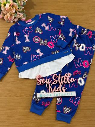 Imagem de Conjunto Infantil Momi Inverno Calça Azul e Moletom Sem Flanela Letras Oncinha