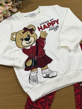 Imagem de Conjunto Infantil Momi Inverno com Calça e Casaco Branco Ursinha Happy com Strass