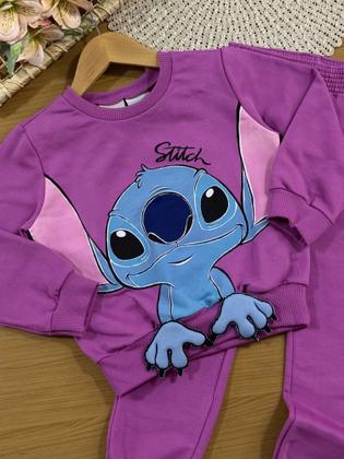 Imagem de Conjunto Infantil Momi Inverno com Calça e Moletom sem Flanela Roxo Stitch Disney