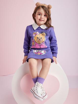 Imagem de Conjunto Infantil Momi Inverno Shorts Saia Lilás e Moletom Flanelado Ursinha Cute