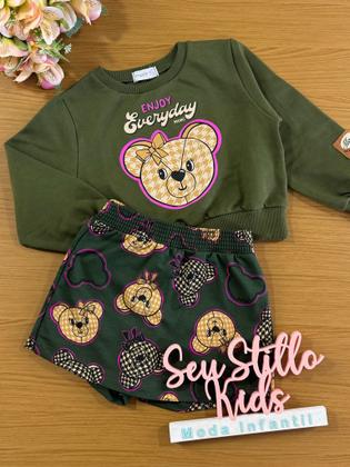 Imagem de Conjunto Infantil Momi Inverno Shorts Saia Verde e Moletom Sem Flanela Ursinho