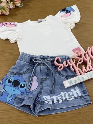 Imagem de Conjunto Infantil Momi Verão com Shorts Jeans e Blusa Sttich