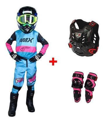 Imagem de Conjunto Infantil Motocross Race Rosa + Colete + Joelheira