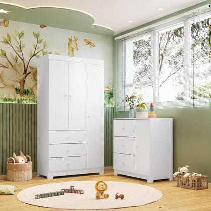 Imagem de Conjunto Infantil Roupeiro Duda 3P e Comoda MDF Branco Pheonix Baby