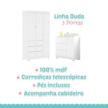 Imagem de Conjunto Infantil Roupeiro Duda 3P e Comoda MDF Branco Pheonix Baby