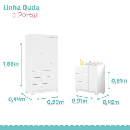 Imagem de Conjunto Infantil Roupeiro Duda 3P e Comoda MDF Branco Pheonix Baby