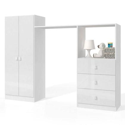Imagem de Conjunto Infantil Roupeiro e Cômoda Ninar Branco Completa Móveis