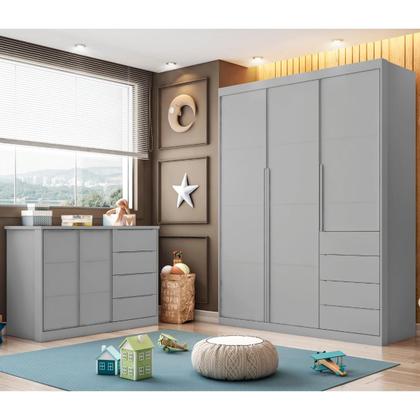 Imagem de Conjunto Infantil Roupeiro e Comoda Perola MDF Cinza Pheonix Baby